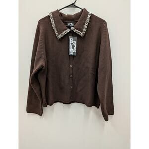 Future Collective Brown Ribbed Cardigan Rhinestone Collar Button Up NWT